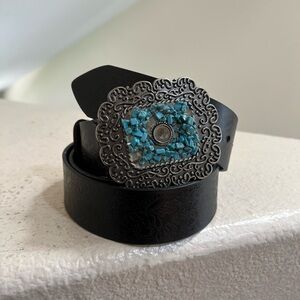 Made In India black Tooled Leather stones on Buckle Western Boho Belt‎ Unisex L